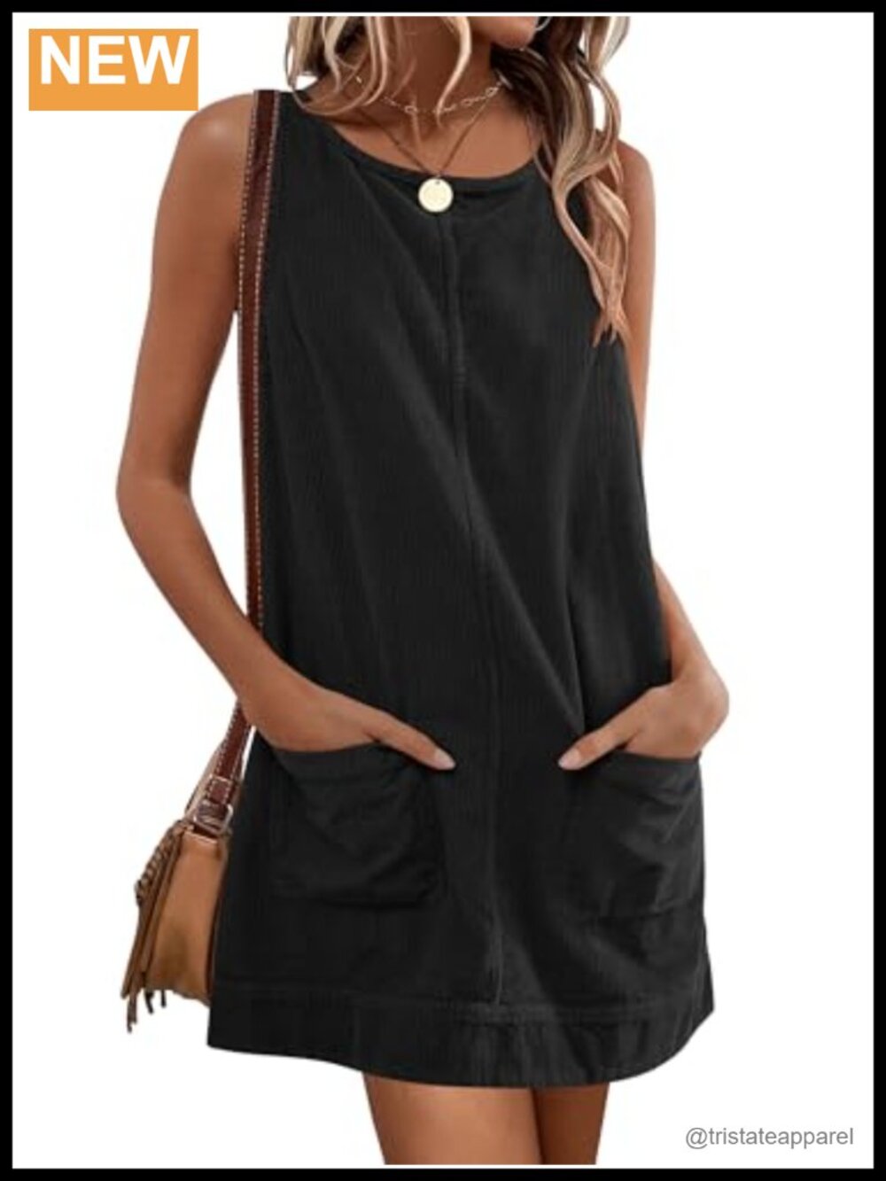 Sleeveless Corduroy Overall Mini Dress A-Line Crew Neck Patch Pockets